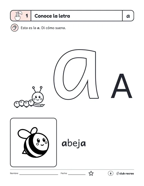 Conoce la letra a: la a grande, en minúscula y mayúscula, con el dibujo de una abeja