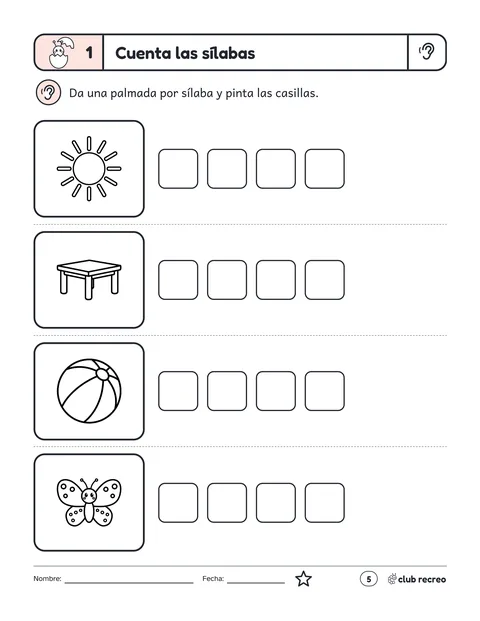 Contar sílabas con palmas: sol, mesa, pelota y mariposa con casillas para pintar
